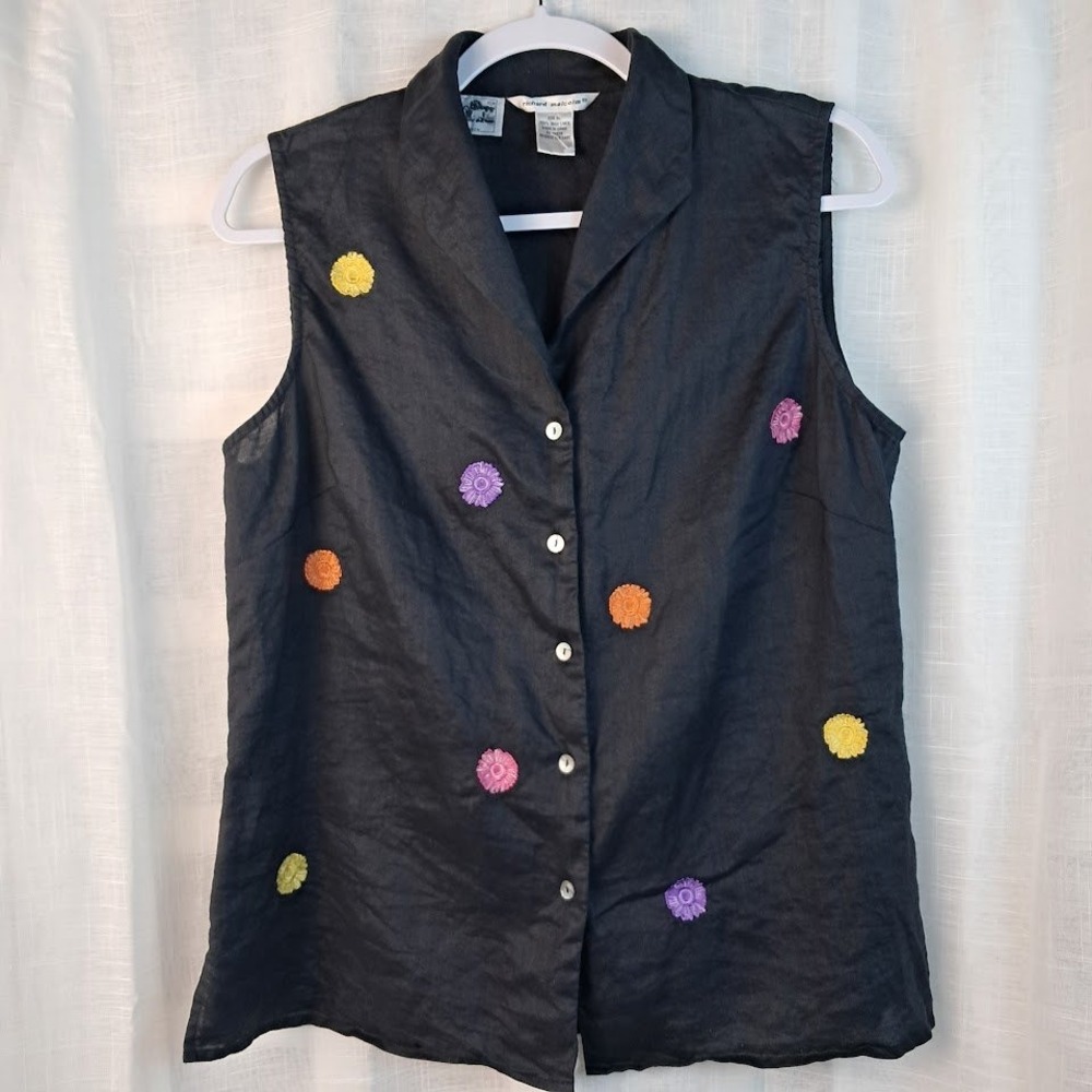 Vintage Richard Malcolm XL Black 100% Irish Linen Embroidered Blouse Sleeveless